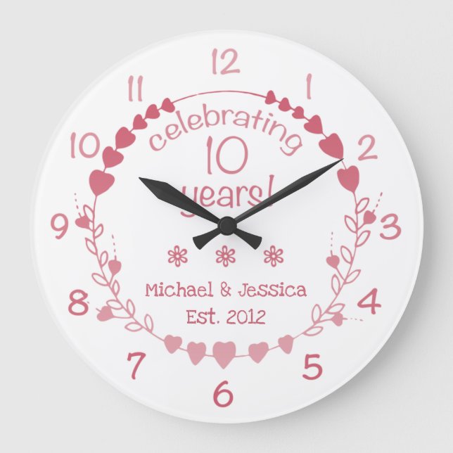 10th Wedding Anniversary Hearts Large Clock (Front)