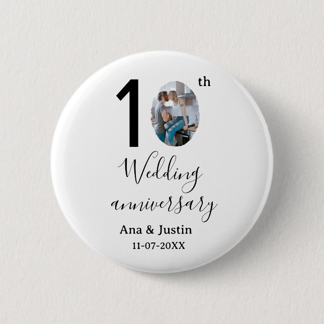 10th wedding anniversary name photo bold letter st 6 cm round badge (Front)