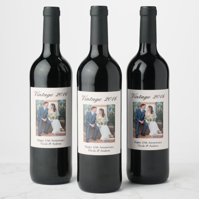 10th Wedding Anniversary Party Decor Custom Photo Wine Label (Bottles)