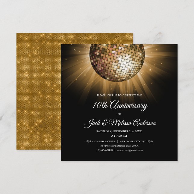 10th Wedding Anniversary Party Gold Disco Ball Invitation (Front/Back)