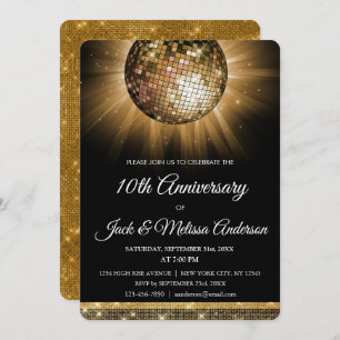 10th Wedding Anniversary Party Gold Disco Ball Invitation