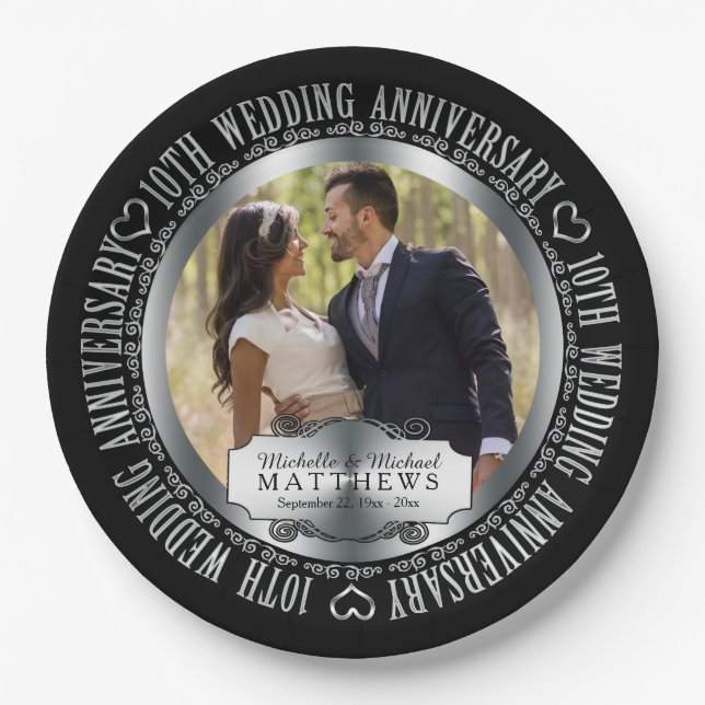 10th Wedding Anniversary Photo Black SIlver Tone Paper Plate (Front)