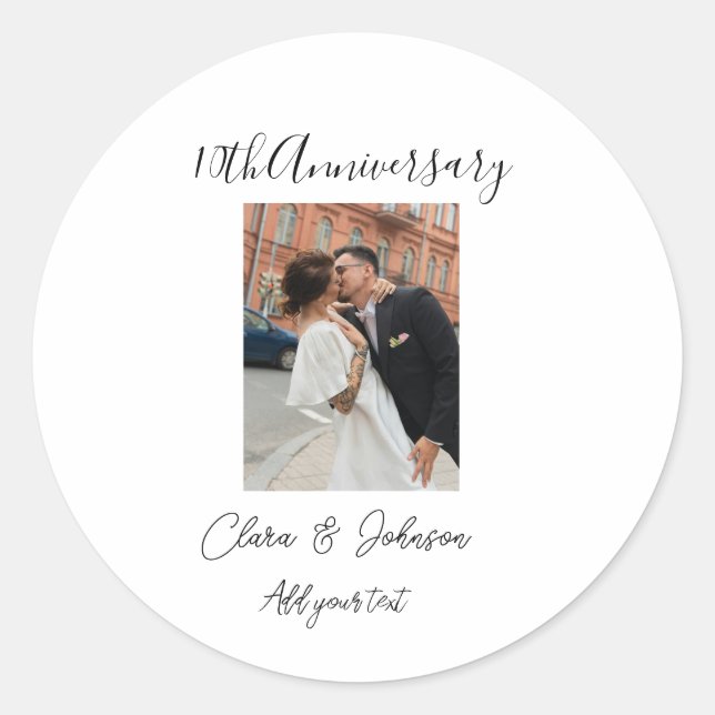 10th wedding anniversary photo name couple Romanti Classic Round Sticker (Front)