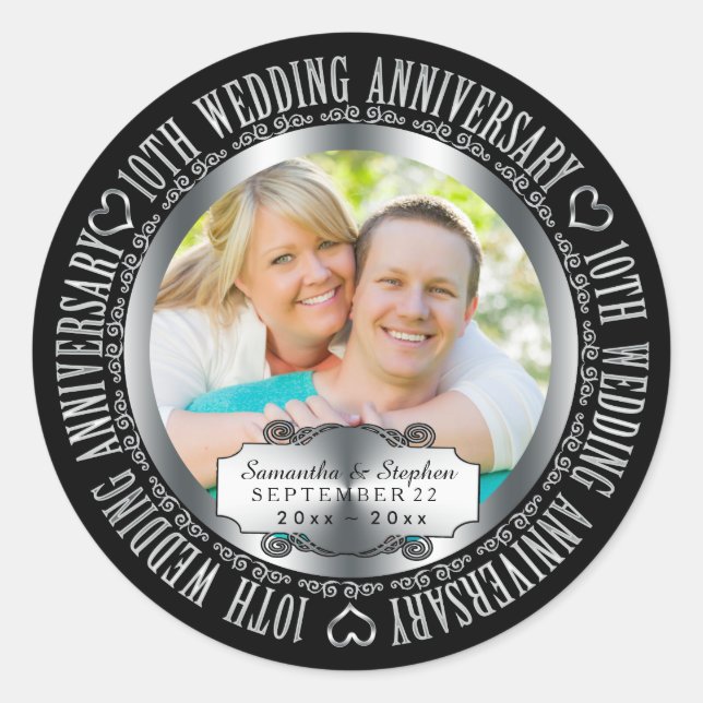 10th Wedding Anniversary Photo Names Date Classic Round Sticker (Front)