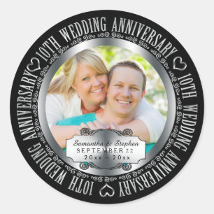 10th Wedding Anniversary Photo Names Date Classic Round Sticker