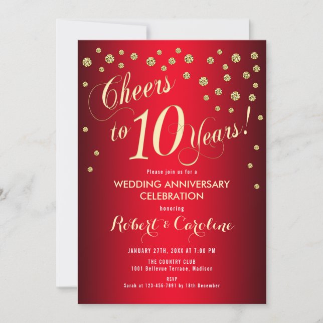 10th Wedding Anniversary - Red & Gold Invitation (Front)