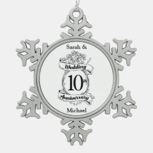 10TH Wedding Anniversary Roses Snowflake Pewter Christmas Ornament