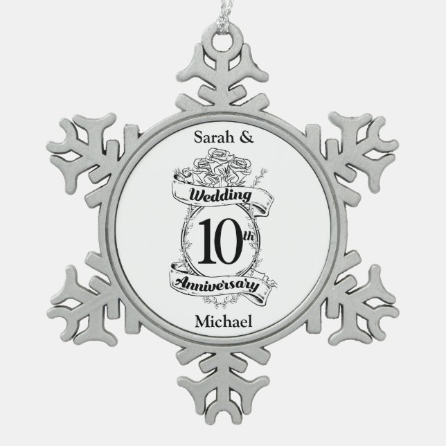 10TH Wedding Anniversary Roses Snowflake Pewter Christmas Ornament (Front)