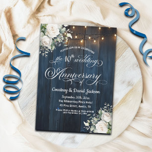 10th Wedding Anniversary Rustic Blue String Lights Invitation