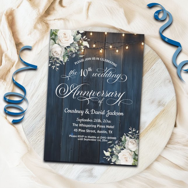 10th Wedding Anniversary Rustic Blue String Lights Invitation (Creator Uploaded)