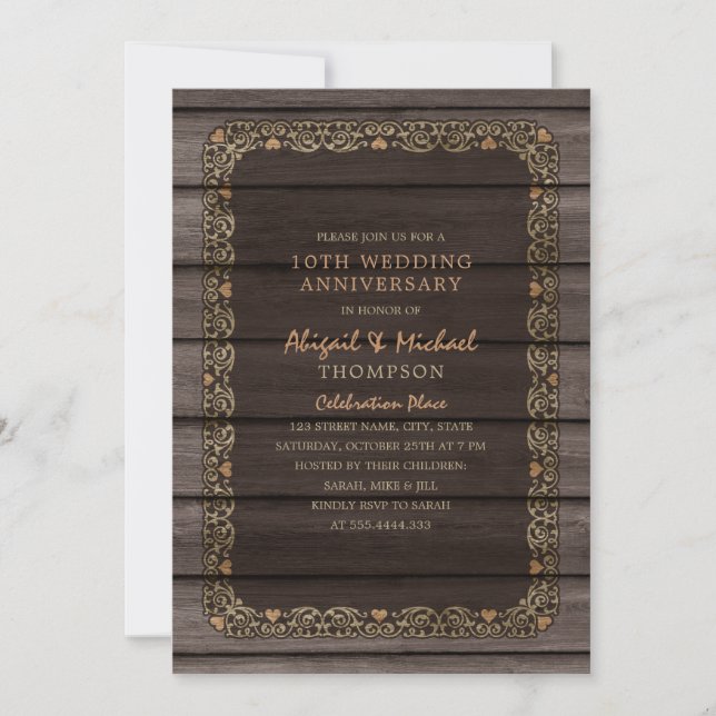 10th Wedding Anniversary Rustic Wood Country Party Invitation (Front)