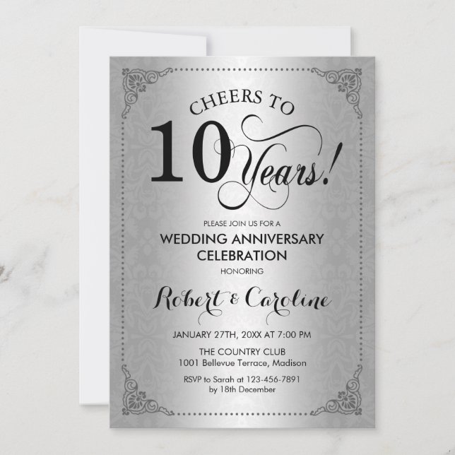 10th Wedding Anniversary - Silver Black Damask Invitation (Front)
