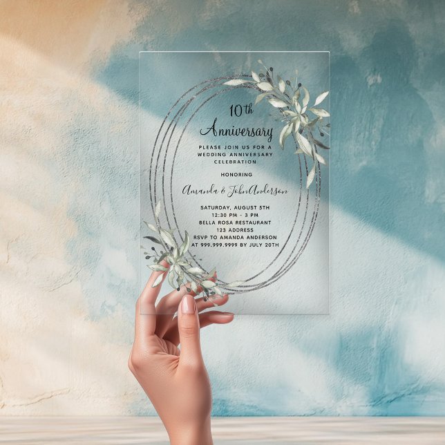 10th wedding anniversary silver greenery frosted acrylic invitations (Creator Uploaded)
