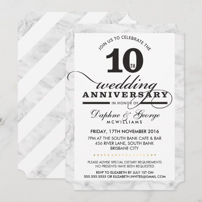 10TH WEDDING ANNIVERSARY stylish grey marble black Invitation (Front/Back)