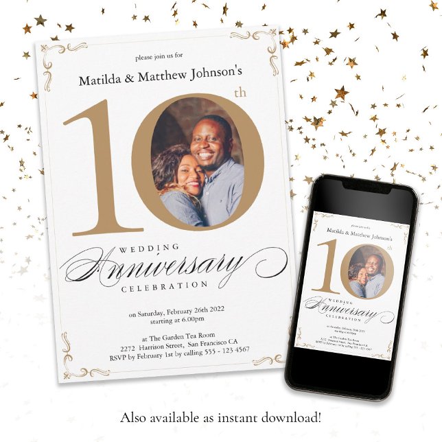 10th Wedding Anniversary White Gold Calligraphy Invitation (10th Wedding Anniversary White Gold Calligraphy Invitation)