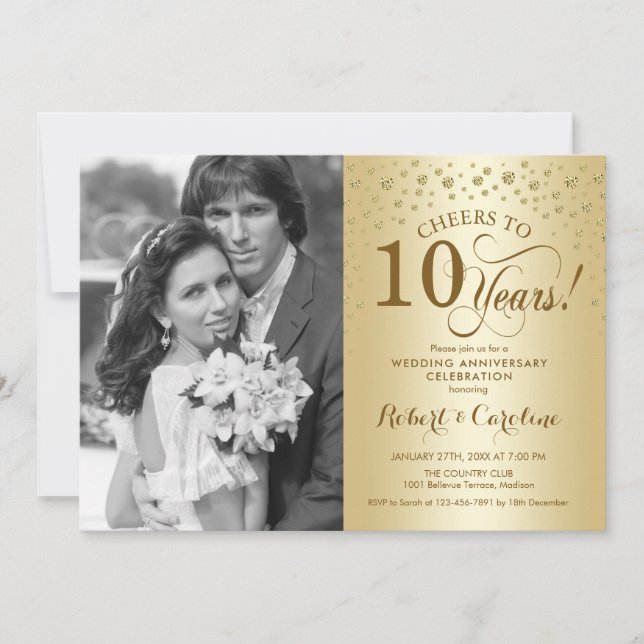 10th Wedding Anniversary with Photo - Gold Invitation (Front)
