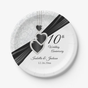 10th White Damask with Black Accents Paper Plate