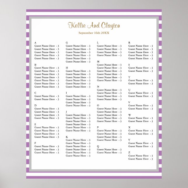 110 Purple/White Stripes Wedding Seating Chart (Front)