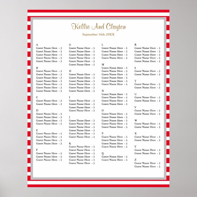 110 Red/White Stripes Wedding Seating Chart (Front)