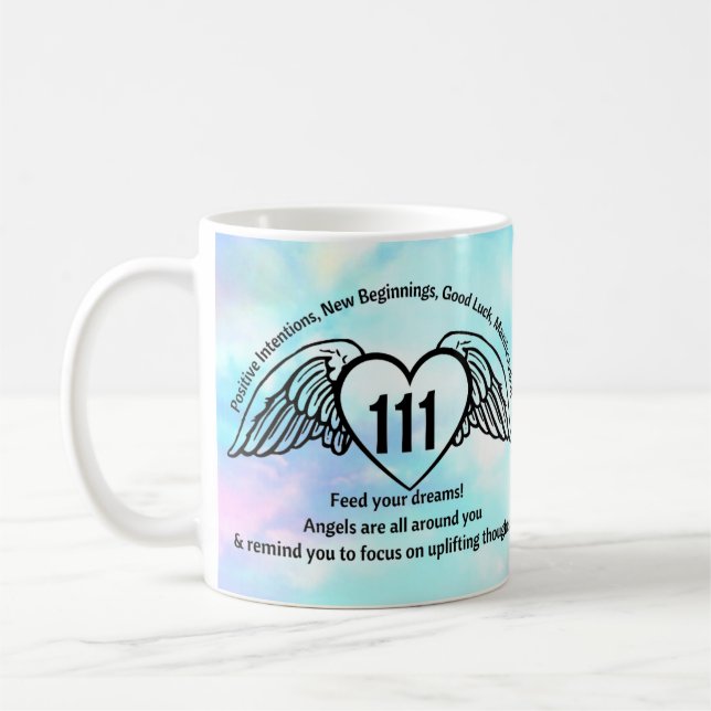111 Angel Numbers Blue Pastel Sky Affirmation Name Coffee Mug (Left)