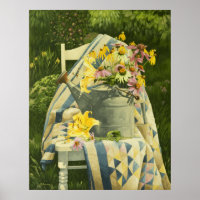 1138 Watering Can on Quilt in Garden Art Print