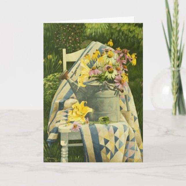 1138 Watering Can on Quilt sympathy Card (Front)