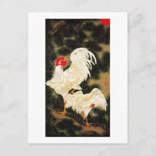 11. 老松白鶏図, 若冲 Pine-tree & White Chickens, Jakuchū Postcard