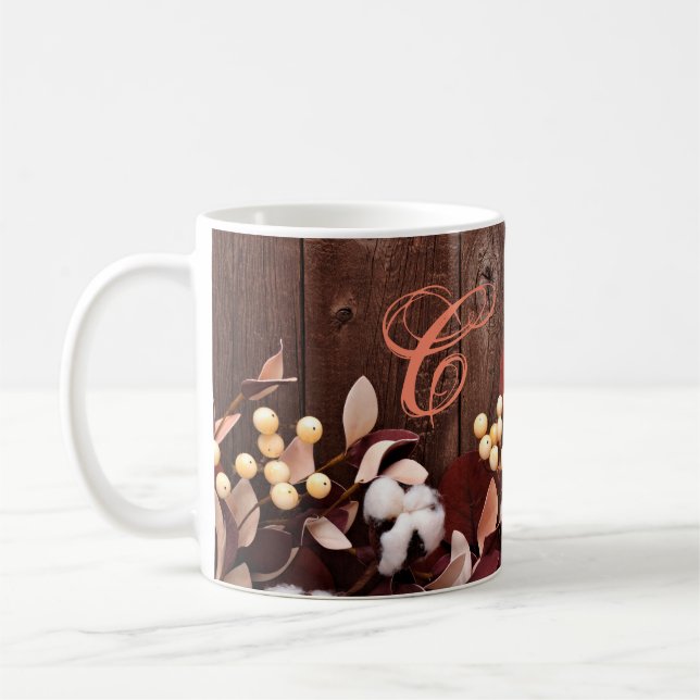11 Oz. Coffee Mug Cotton Branch on Dark Wood Stem (Left)