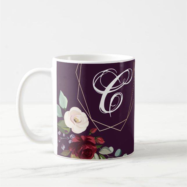 11 Oz. Coffee Mug Plum Purple Roses Gold Geometric (Left)