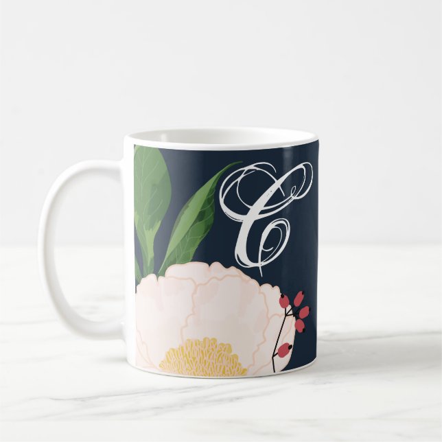 11 Oz. Coffee Mug White Floral Flowers on Dark Blu (Left)
