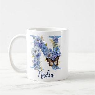 11 oz Floral Blue Monogrammed Coffee Mug