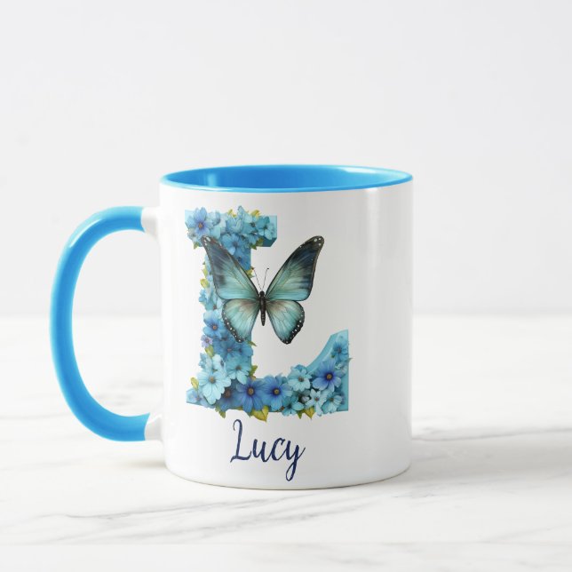 11 oz Floral Blue Monogrammed Coffee Mug (Left)