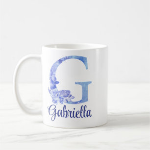 11 oz Monogrammed Watercolor Blues and Floral Coffee Mug