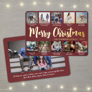 11 Photo Burgundy Merry Christmas Modern Collage Foil Holiday Card