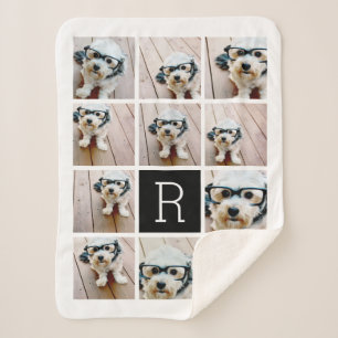 11 Photo Collage and Big Monogram black white Sherpa Blanket