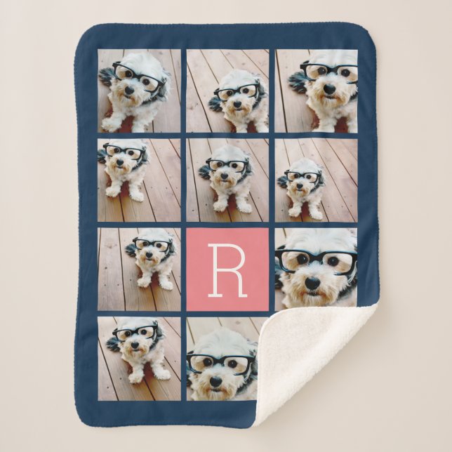 11 Photo Collage and Big Monogram blue peach Sherpa Blanket (Front)
