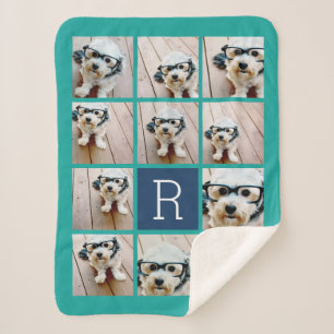 11 Photo Collage and Big Monogram blue teal Sherpa Blanket