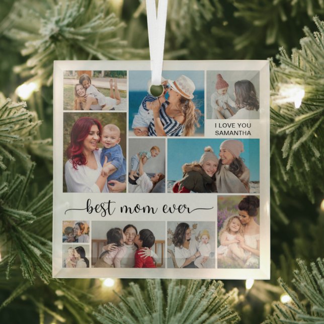 11 Photo Collage Best Mum Ever   Glass Tree Decoration (Insitu)