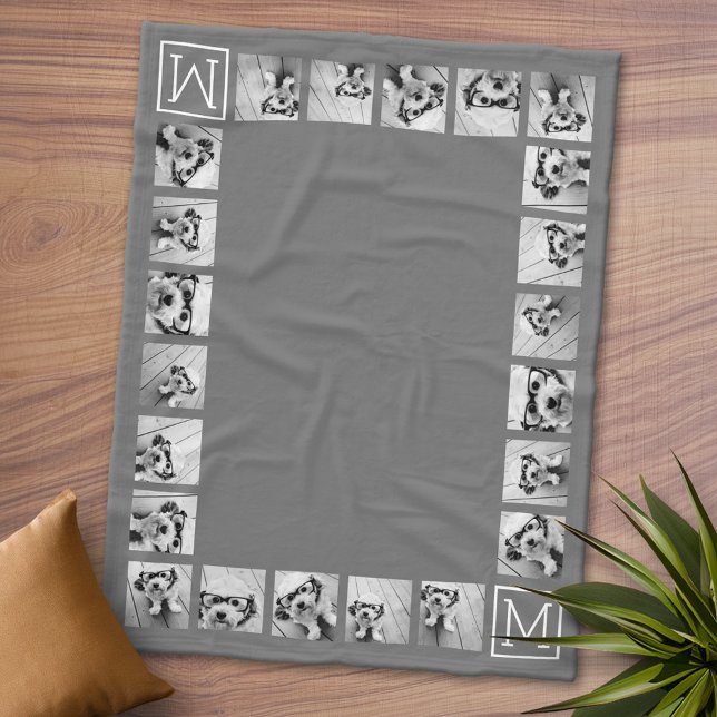 11 Photo Collage Custom Monogram Charcoal Fleece Blanket (Personalized Fleece Blanket - Add Photos and Text or Customize completely in advanced design area)