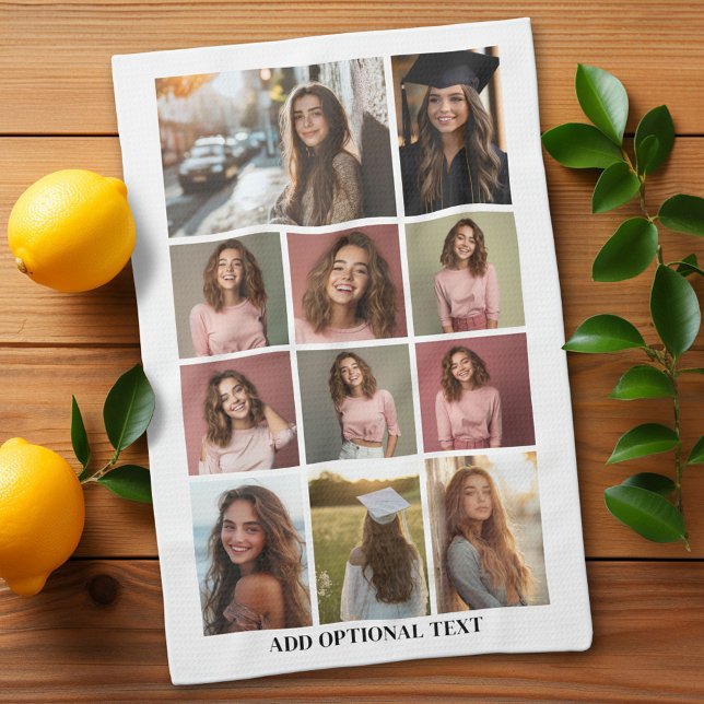 11 Photo Collage - Custom Text - Black and White Tea Towel (Custom Kitchen Towel with Photo Collage)