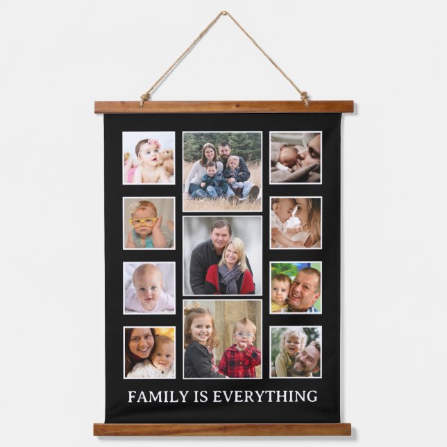 11 Photo Collage Family Is Everything Quote Black Hanging Tapestry (Front)