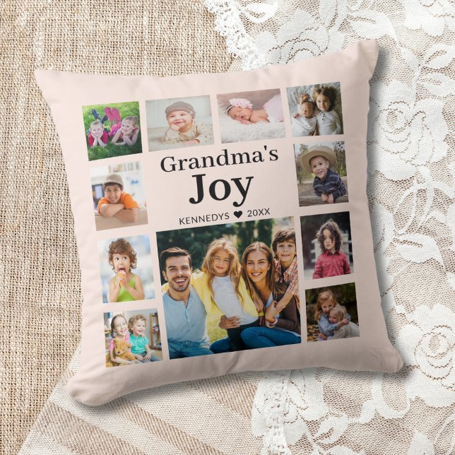 11 Photo Collage Family Name  Grandma’s Joy  Cushion (Creator Uploaded)