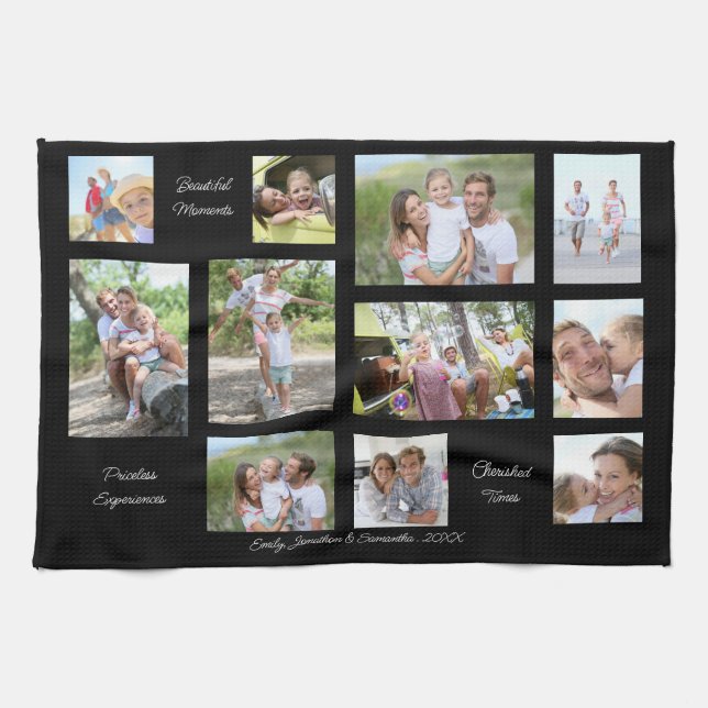 11 Photo Collage Family Sentimental Quotes Black Tea Towel (Horizontal)