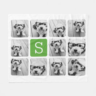 11 Photo Collage - Green White Modern Monogram Fleece Blanket
