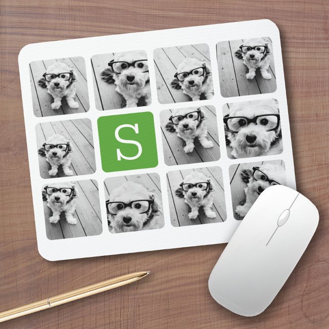 11 Photo Collage - Green White Modern Monogram Mouse Mat (Personalized mousepad - Add Photos and Custom Text)