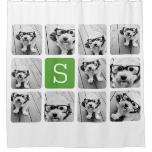 11 Photo Collage - Green White Modern Monogram Shower Curtain