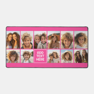 11 Photo Collage - Hot Pink Minimal Grid with Text Desk Mat