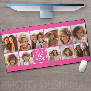 11 Photo Collage - Hot Pink Minimal Grid with Text Desk Mat