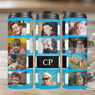 11 photo collage initials blue white thermal tumbler