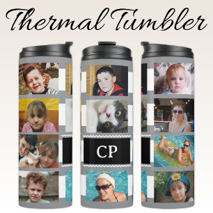 11 photo collage initials grey white thermal tumbler